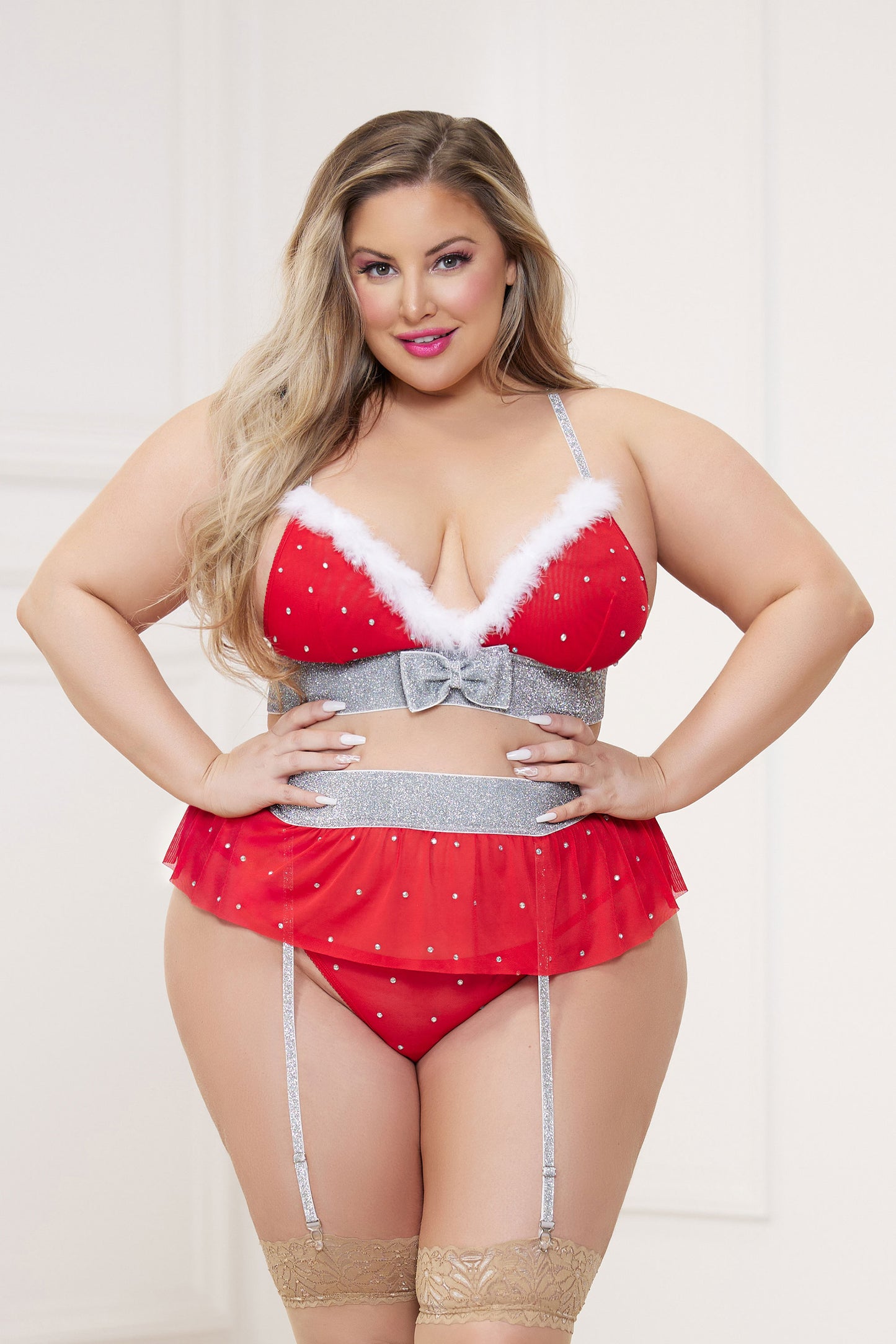 "3 Pc Rhinestone Stud Bra With Marabou Trim and Garter Belt With Mesh Thong - Queen - Red STM-11478XPRDQ"