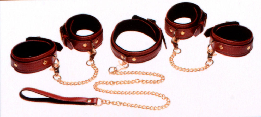 "6 Piece Burgundy Bondage Set Burgundy Cuffs, Collar and Leash MS-AG883-BUR"