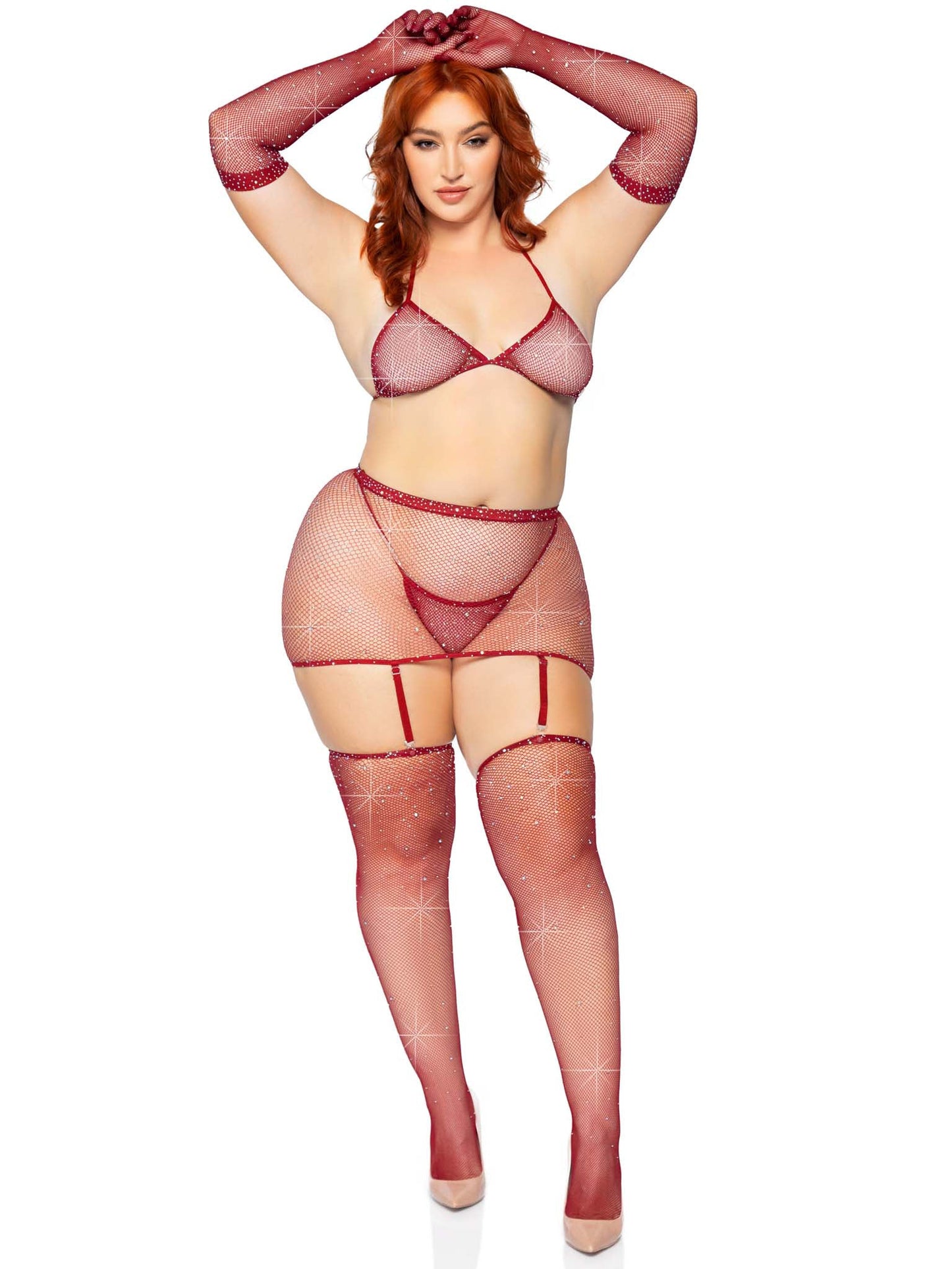 "5 Pc Rhinestone Bikini Top G-String Garter Skirt, Gloves and Stockings - Queen Size - Burgundy LA-81617XBUR"