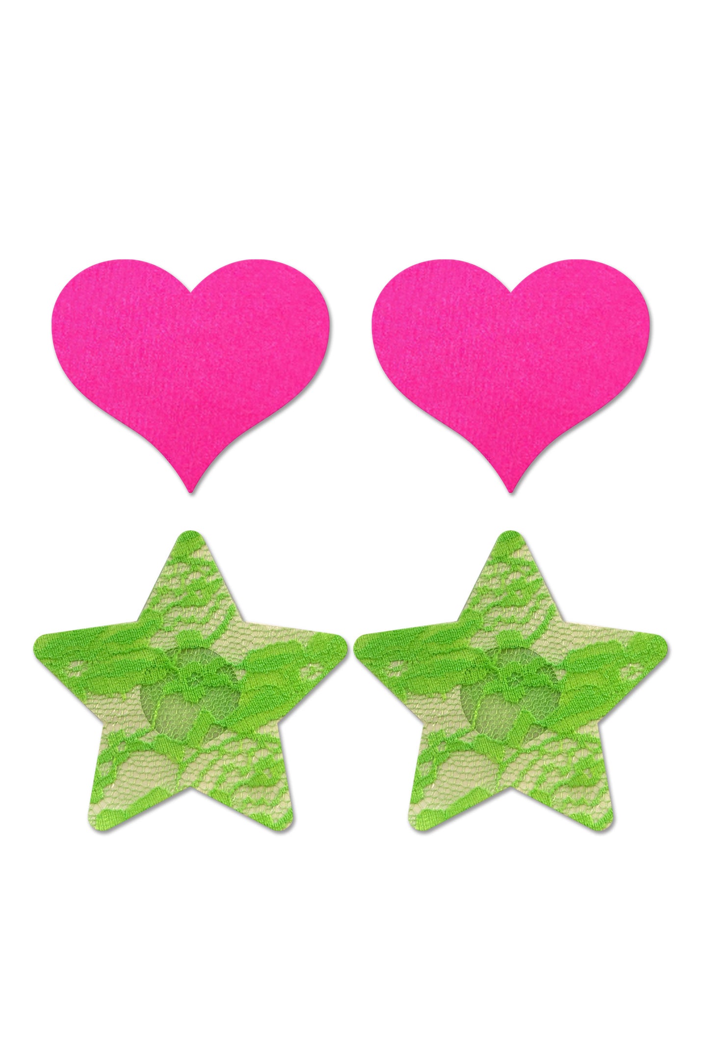 "Fashion Pasties Set - Neon Pink Satin Heart and  Neon Green Lace Star FL-FLA102NEON"
