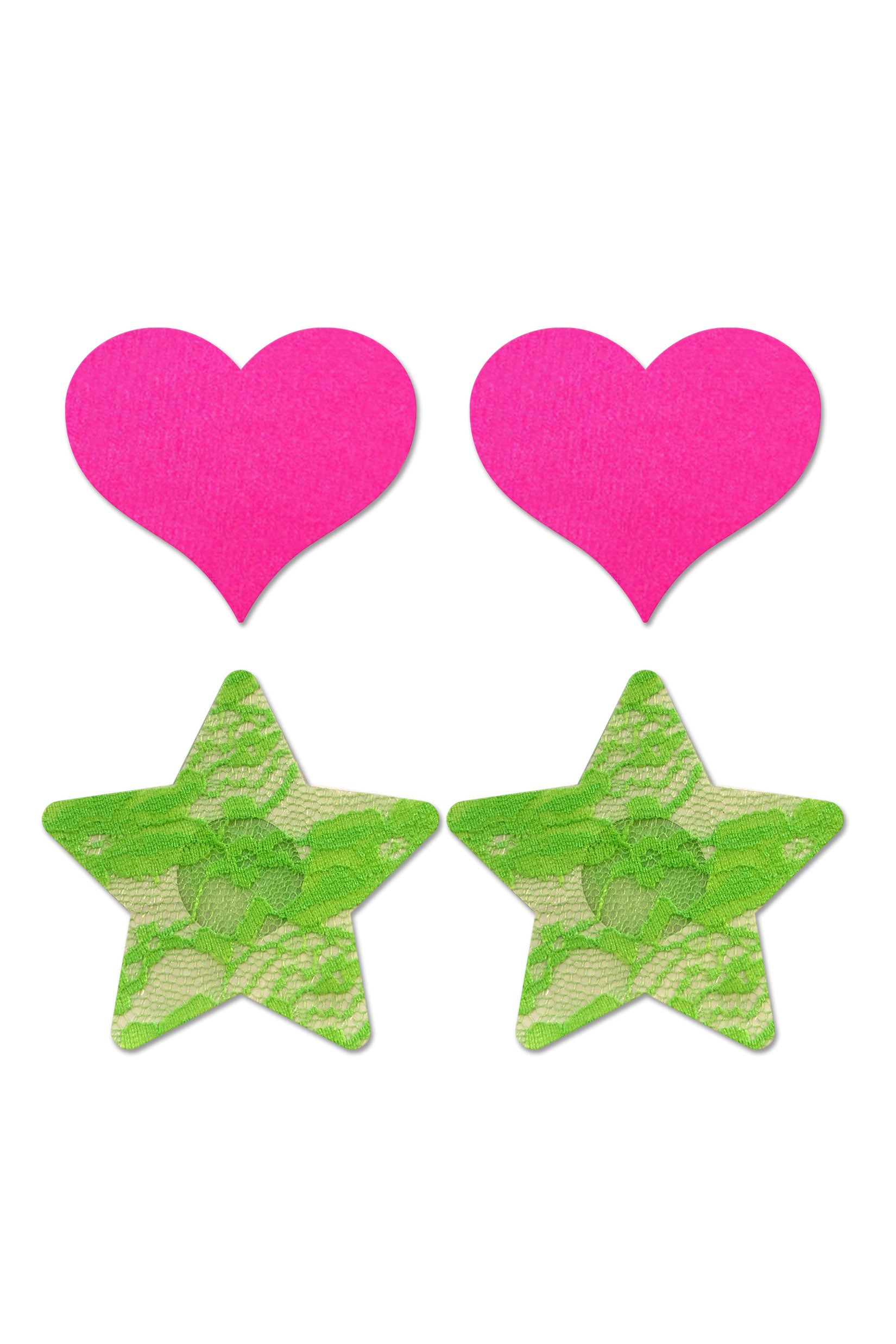 "Fashion Pasties Set - Neon Pink Satin Heart and  Neon Green Lace Star FL-FLA102NEON"