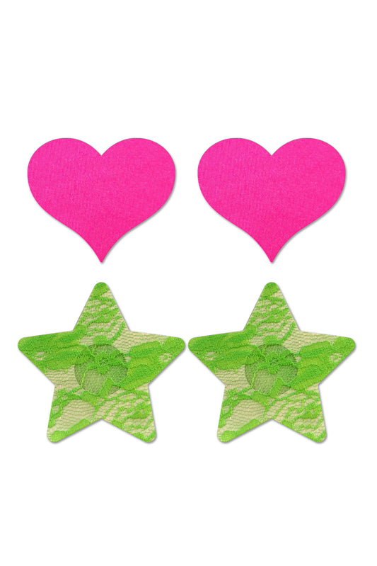 "Fashion Pasties Set - Neon Pink Satin Heart and  Neon Green Lace Star FL-FLA102NEON"
