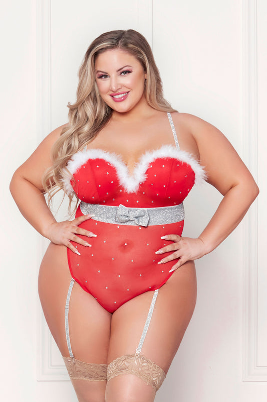 "Rhinestone Studded Mesh Teddy With Marabou Trim - 1x/2x - Red STM-11470XR1X2"