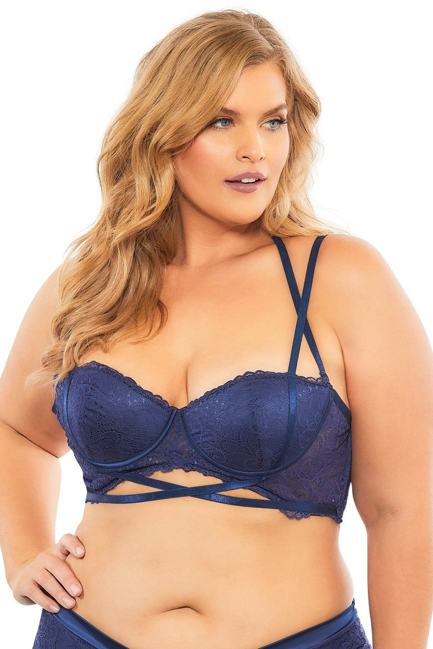 "Lace Push Up Balconette Bra With Crossing Halter Straps - Estate Blue - 2x OH-11-10823XEB2"