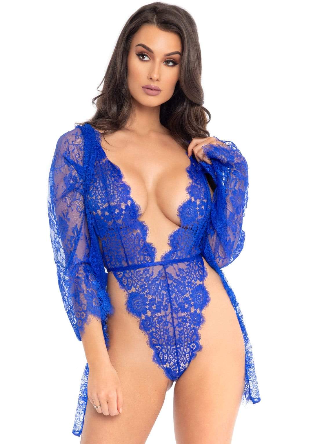 "3pc Lace Teddy and Robe Set - Royal Blue - Large LA-86112RYLBLUL"